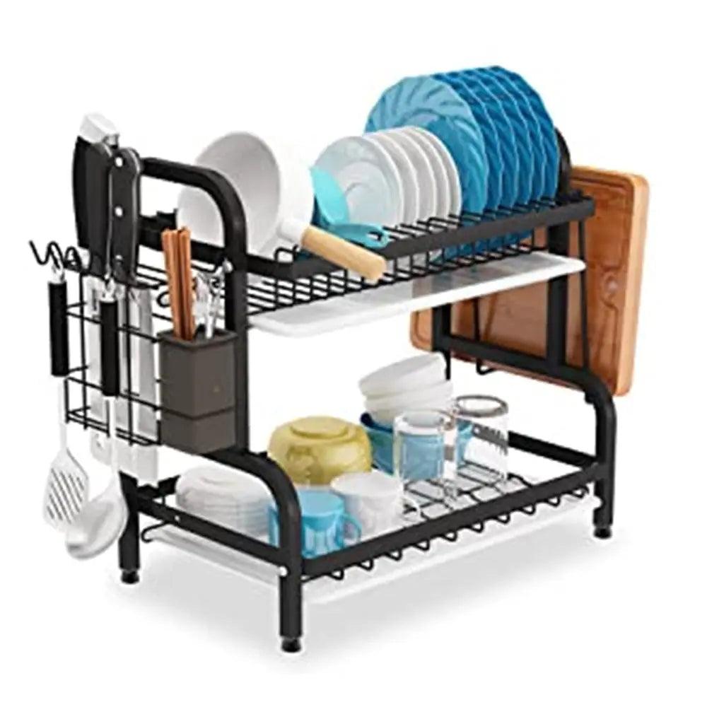 Dish Drying Rack 2-Tier Dish Rack Drain Board W/Lid Cover Kitchen Plate Dish  Dry
