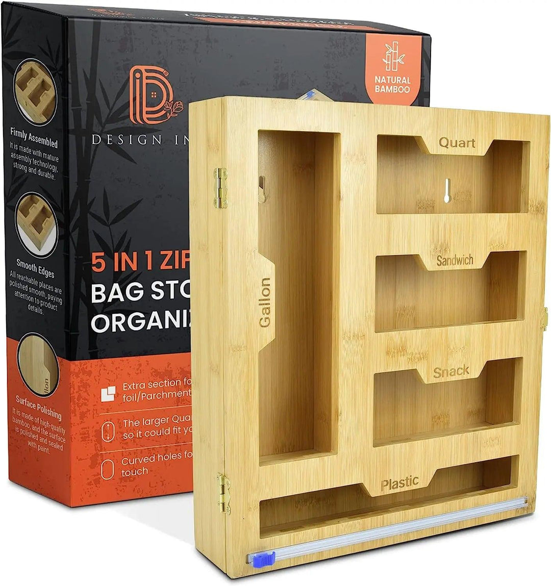 1 Box 4 Slots Bags and Ziplock Bamboo Organizer with Labels